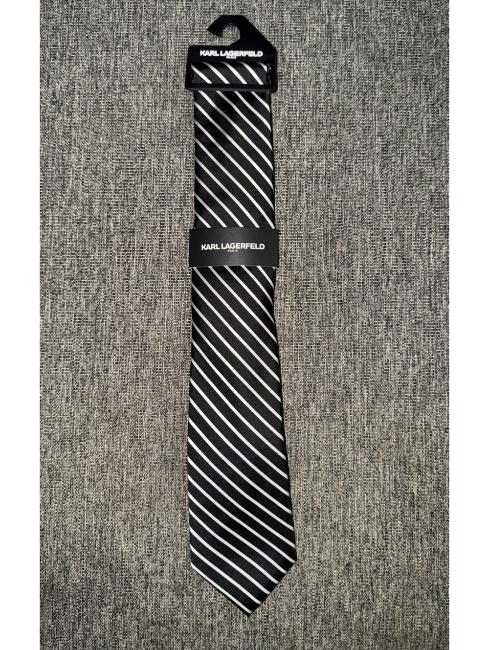 Karl Lagerfeld Paris Men’s Satin Black/Silver Striped Tie New With Tags